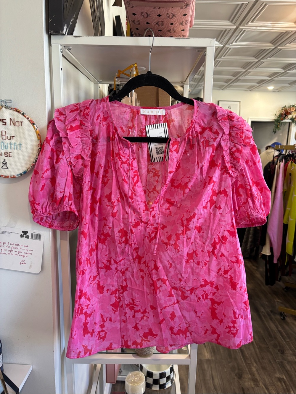 Karlie Pink Floral Puff-Sleeve V-Neck Blouse